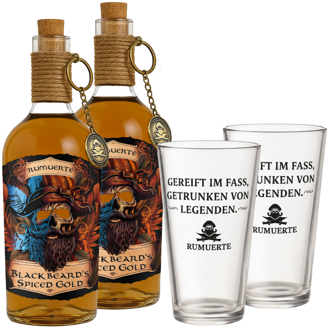 Sparset: 2 x Blackbeards Spiced Gold 700ml 40% + 2 x gratis Gläser